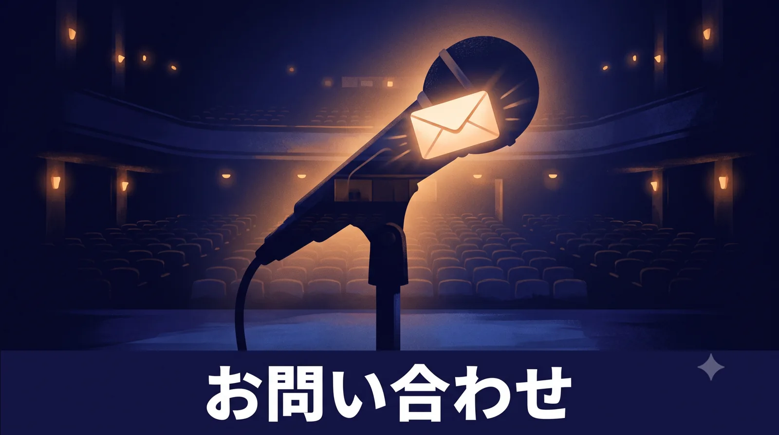 一本のマイクのシルエットに、一通の光る封筒と静かな客席の灯が重なって透ける、案内的で落ち着いた構図。二重露光のアイキャッチ画像。